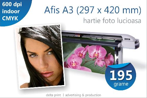 Afis A3 – 3 lei, print indoor pe hartie fotografica lucioasa (195grame/mp)