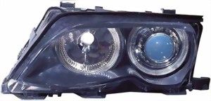 Vand 	 Faruri BMW E46 seria 3 cu lupa si angel eyes anii 1998 - 2001 fundal negru